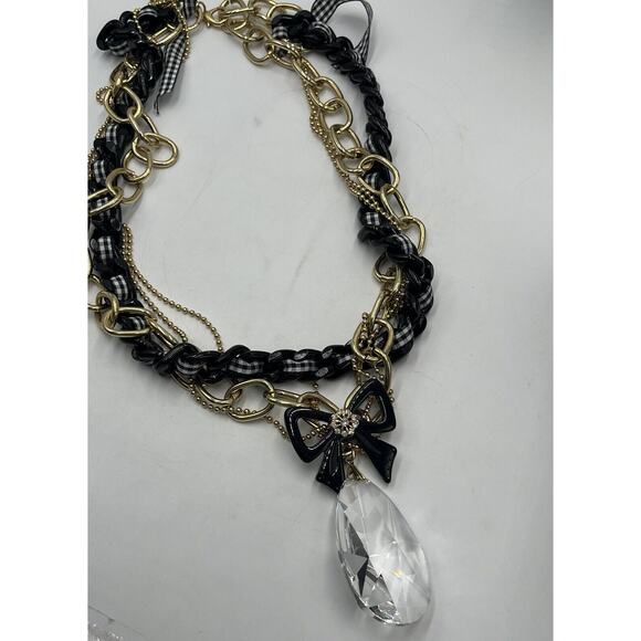 Betsey Johnson Heavy Multistrand Necklace Gold Tone Black White Ribbon Bow Charm - Picture 9 of 14
